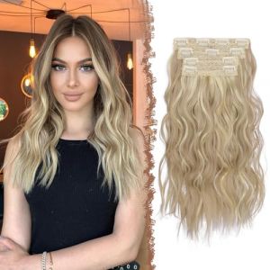 FESHFEN Extension de Cheveux à Clips, 4PCs Longue Extension à Clip Cheveux Synthétique Postiche Cheveux Blond Cendré Foncé et Blond Blanchi Extensions de Cheveux Ondulés Postiche pour Femme 40 cm (colorful ＆ easy life, neuf)