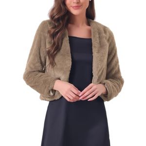 Allegra K Veste courte pour Femme en fausse fourrure &agrave; manches longues ouvert devant bol&eacute;ro d'hiver manteau Kaki fonc&eacute; L (Weisser Berg, neuf)