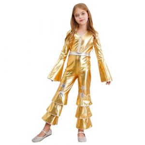 HULIJA Enfant Fille D&eacute;guisement Disco Costume Hippie Danse Jazz Manche Evas&eacute;es Tenue Ann&eacute;es 80s Jumpsuit Or 9-10 ans (HULIJA, neuf)