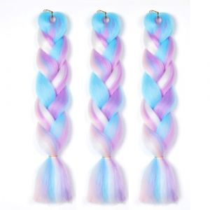 Kanekalon Meches Tresse Cheveux, Meches Pour Tresses Africaine, ShowJarlly 24"Ombre Jumbo Braids Tresse 3Paquets Rainbow Colors Extension Fibre Synth&eacute;tique(Blanc/rose/bleu clair/violet clair) (XiuJiaLi Hair, neuf)
