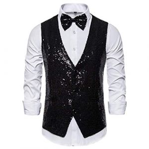 G&eacute;n&eacute;rique Gilet &agrave; Paillettes pour Homme Slim Fit Gilet de Costume avec N&oelig;ud Papillon Couleur Unie Veste Costume sans Manches pour Soir&eacute;e Disco Mariage C&eacute;r&eacute;monie F&ecirc;te Danse Party (NiceYear, neuf)