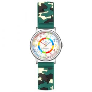Alienwork Kids Montre P&eacute;dagogique Apprendre l'Heure Enfants Gar&ccedil;on Fille Argent Bracelet Camouflage Verte Multicolore Enfants R&eacute;sistant &agrave; l'eau 5 ATM Temps d'apprentissage (?Alienwork, neuf)