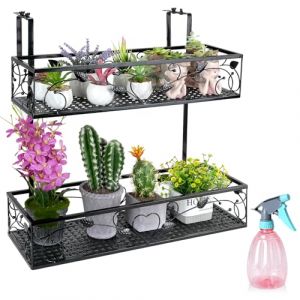 Chostky Support de plantation à 2 niveaux pour balcon, balustrade suspendue, panier de pot de fleurs, support réglable avec 1 flacon pulvérisateur en plastique pour balcon, terrasse, véranda, clôture, (HOSTK, neuf)