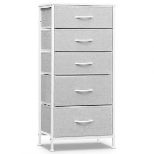 WOLTU Commode, Meuble de Rangement, Chiffonnier avec 5 Tiroirs en Tissu, Armoire, en MDF Cadre en métal, Gris Tourterelle + Blanc Nuage, SSK004hgws (WOLTU GmbH, neuf)