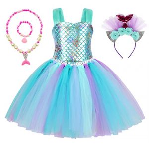 ZKomoL Filles sirène robe ensemble bandeau petite sirène carnaval princesse robe Halloween fête mascarade anniversaire sirène robe 2-12Y (6 ans, vert) (Champion France, neuf)