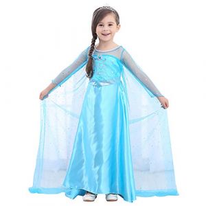 URAQT Reine des Neiges Elsa Costume et Accessoires Gants Couronne Baguette Tresse Robe Longue Deguisement pour Fille, Tz20-lyq-003, Taille130 pour les 5-6 ans (Petit Wudong, neuf)