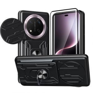 KZIOACSH Coque pour Honor Magic 7 Lite avec Verre Tremp&eacute;,Heavy Duty Antichoc Bumper Housse,Couvercle de cam&eacute;ra &agrave; glissi&egrave;re+360&deg;degr&eacute;s B&eacute;quille &agrave; Bague de Rotation,Noir (Dragon-long, neuf)