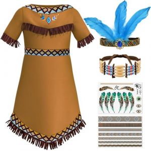 Tacobear D&eacute;guisement Indien Enfant Robe Indien avec Bandeau Plume Collier Ras du Cou Tatouage D&eacute;guisement Indienne Fille Costume pour Carnaval Halloween No&euml;l (130, 6-7 Ans) (vamei, neuf)