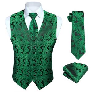 HISDERN Gilet Costume Homme Vert Paisley Floral Jacquard Gilet Cravate Poche Carre Mouchoir Ensemble Gilets Sans Manche Mariage L (hisdern, neuf)