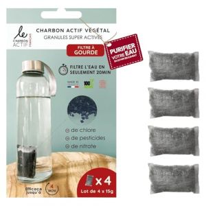 Le Charbon Actif Français Lot de 4 filtres à eau Charbon actif végétal français Granules super activées - En 20 MINUTES seulement - Naturel pour carafe, bouteille, gourde - Filtre l'eau courante (Le charbon actif français, neuf)