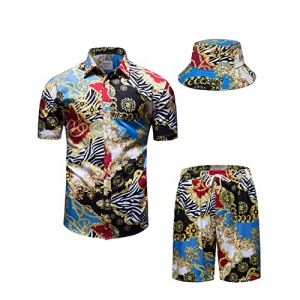 fohemr hommes baroque ensemble de deux pièces or chaîne motif bleu chemise short avec chapeau de pêcheur Casual set vacances d'été plage set XX-Large (fohemr, neuf)