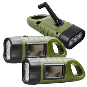 REKALRO Lampe de poche rechargeable à manivelle LED 3 pièces, lampe de poche solaire avec boucle de randonnée, lampe de poche dynamo, manivelle de lampe de poche pour camping/urgence (Vert) (RJREUStore, neuf)