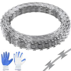 VEVOR Fil de Fer Barbelé 30 m 2 Rouleaux de Fil Barbelé Galvanisé à Chaud Clôture Grillage Protection Anti-Intrusion Lames Barbelées Tranchantes avec Gants de Protection pour Maison, Jardin, Balcon (New Clear VEVOR, neuf)