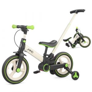 JMMD Draisienne Évolutive, Vélo à Roues Stabilisatrices et Pédales Amovibles, avec Poignée de Poussée Réglable - Tricycle Sécurisé avec Freins et Béquille pour Enfants de 1.5 à 5 Ans, Vert (INKLAB EU, neuf)