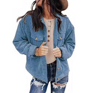 ORANDESIGNE Veste Femme Chic et Elegant Mi Saison Velours Côtelé Chemisie Vintage Leger Blouson Jacket Hiver Printemps Surchemise Cardigan Coat Manteau avec Poches Bleu Clair L (ORANNER EU, neuf)