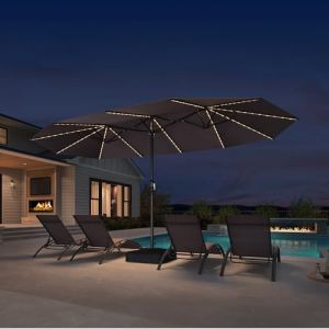 PURPLE LEAF Grand Parasol de Jardin Ext&eacute;rieur 4,55 x 2,7 x 2,4 m avec Pied et LED Solaire, Parasol Rectangulaire Double &agrave; Manivelle en Aluminium avec 12 Baleines pour Balcon, Terrasse, Caf&eacute;s, Gris (PURPLE LEAF, neuf)