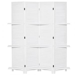 HOMCOM Paravent intérieur 4 Panneaux 160L x 170H cm 3 étagères Pliables séparateur de pièce Portes persiennes Bois de Paulownia Blanc (Aosom FR, neuf)