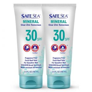 Safe Sea Protection solaire &agrave; l'oxyde de zinc SPF30 | Protection solaire min&eacute;rale transparente sans fonte | Lotion protectrice anti-m&eacute;duses | Anti-r&eacute;cifs coralliens | Format voyage - 100 ml (lot de 2) (Safe Sea, neuf)