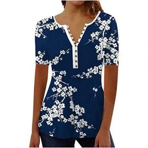 Chemisier Femme Chic et Élégant Manches Courtes Tshirt Chemisiers Et Blouses Grande Taille Imprimé Plissé Henley Tunique Tops Col V Blouse de Soie Boheme Haut Tunique Été Tee Shirt Femmes Solde (⭐⭐⭐⭐⭐AEGJEGVD(5-15 jours Arrivé), neuf)