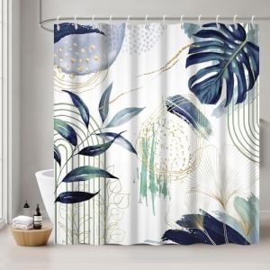 Rideau Douche Anti Moisissure, Uiiooazy Rideau de Douche 180x180cm Bleu Marine Tropicale Feuilles de Palmier Jungle Boho Rideaux de Baignoire Tissu Lavable Imperm&eacute;able Rideaux de Bain avec 12 Crochets (dongguibinjingpinxiaodianpu, neuf)