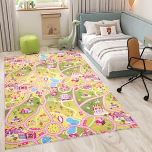 TAPISO Flannel Tapis Chambre Enfant B&eacute;b&eacute; Fille Gar&ccedil;on Antid&eacute;rapant Lavable Rose Vert Bleu Blanc Tapis de Jeux Voiture Circuit Route Ville Poils Ras Oeko-TEX R&eacute;sistant 120 x 170 cm (TAPISO-FR, neuf)