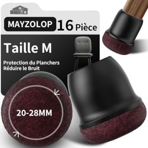 MAYZOLOP 16 Pi&egrave;ces Protection Pied de Chaise, &Phi;20-28 mm Noir Rond de Protege pour Pieds de Chaise avec Feutre, Pieds de Chaise, Embout de Chaise, Pas de Rayures, Pas de Bruit (MAYZOLOP-FR, neuf)