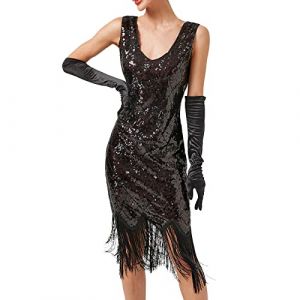 KBOPLEMQ Costume Gatsby pour Femme - Robe Vintage des Années 1920 - Charleston à Paillettes - Ourlet à Pompons - Cocktail, Bal de Fin d'Année, Soirée (VISNA, neuf)