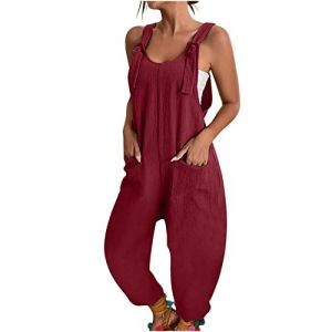 Combinaison Pantalon Chic Femme, Jumpsuit sans Manches Femme Bretelles Combishort Dos Nu Léger Barboteuse Jambes Larges Salopette en Coton Combi Femmes Pantalon De Vacances Plage Playsuit (xqYSmk, neuf)