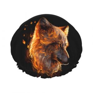 Bonnet de douche, bonnet de douche motif loup de flamme dor&eacute;e pour femme, r&eacute;utilisable, imperm&eacute;able, bonnet de douche pour douche, double couche &eacute;lastique pour cheveux longs (JQMY-EU, neuf)