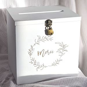 Grande urne en Bois Blanche Merci avec Cadenas | 25 x 25 x 20 CM | Urne Mariage, PACS, Anniversaire, Baby-Shower, Bapteme, Communion, Retraite (...) - Cadeaux invit&eacute;s Mariage (Outjo, neuf)