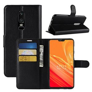 HualuBro Coque pour OnePlus 6, Etui Housse à Rabat en PU Cuir Flip Leather Case Cover Antichoc Portefeuille Protection Stand Coque pour OnePlus6 (Noir) (HualuBro EU, neuf)