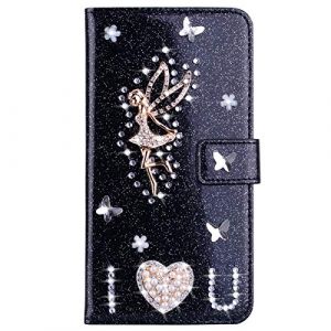Strass Coque Samsung Galaxy S21 5G,Xifanzi &Eacute;tui en Cuir Housse Coque Brillant Flip Portefeuille Ange Glitter Bling Coque Folio Antichoc Pochette pour Samsung Galaxy S21 5G PU Cuir &Eacute;tui,Noir (Bolong, neuf)