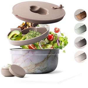 MAMEIDO Bo&icirc;te &agrave; Salade &agrave; emporter 1,5 l, Lunch Box en acier, Bento Box, Saladier sans BPA, Bol avec r&eacute;cipient &agrave; vinaigrette &eacute;tanche, Bo&icirc;te &agrave; repas avec compartiments, Meal Prep (Pearl Marble) (RM COMMERCE, neuf)