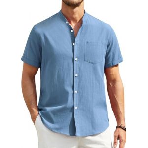 Enlision Chemise en Lin Homme Manche Courte Ete Casual Chemise Col Mao Homme Bleu L&eacute;ger Henley Coton Lin Shirt Regular Fit Vintage de Vacances Plage M (MXECEUR, neuf)
