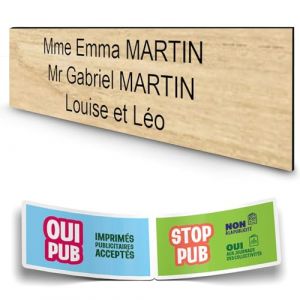 DECOHO - Plaque Boite aux Lettres personnalisée adhésive 100x25mm - Effet Bois Clair - 3 Lignes Gravure Laser - Stickers Stop Pub offerts - Marron (DECOHO, neuf)