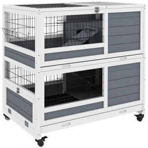PawHut Clapier en Bois d'intérieur Cage à Lapin sur roulettes - 2 Niveaux avec 2 Plateaux coulissants, mangeoire, Porte verrouillable - 90 x 53 x 97 cm - Gris (Aosom FR, neuf)