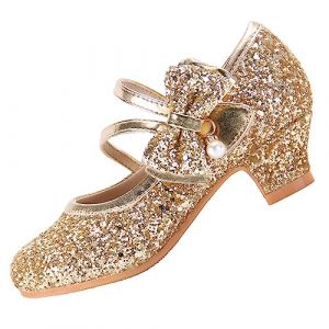 EIGHT KM Filles Talons Hauts Robe Chaussures Mary Jane Princesse Mariage Fête Pompe EKM7035 Étincelle Scintillante Cristal Perle Nœud Or Taille EU 32 (ElfElfElf FR, neuf)