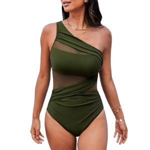 CUPSHE Maillot de bain une pi&egrave;ce pour femme - Contr&ocirc;le du ventre - Maillot de bain fronc&eacute; asym&eacute;trique avec une bretelle d'&eacute;paule en maille, vert olive, L (CUPSHE FR, neuf)