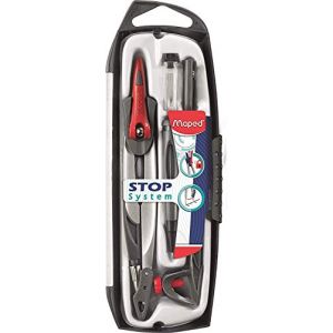 Maped - Coffret Compas Maped Stop System 5 pièces - Système de Verrouillage Breveté - Tracé Parfait - Avec Sécurité Protège Pointe - Compas Mine + Bague + Porte-mine 0.5 mm + Étui et Taille Mines (papeterie neveu, neuf)