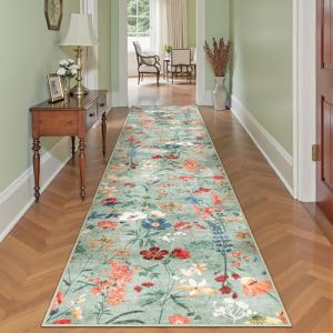 HUGEAR Vert Tapis de Couloir 80x400cm Floral Passage Lavable en Machine Antid&eacute;rapant Boheme Naturel Fleur Long Carpet Descente de Lit Cuisine Doux Poil Ras Rug (RONGBEN, neuf)