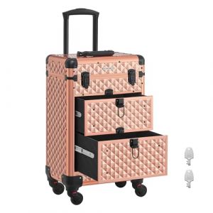 SONGMICS Valise de Maquillage Professionnel, Mallette Cosmétique, avec 2 Tiroirs, Grand, 34 x 24 x 56 cm, Roulette Pivotante à 360°, Voyage, Manucure, Maquilleur, Coiffure, Doré Champagne JHZ008A01 (SONGMICS HOME FR, neuf)
