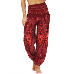 Nuofengkudu Femme Harem Pantalon Sarouel Thaïlandais Hippie Baggy Léger Boho Ethnique Smockée Taille Haute avec Poches Yoga Pants Été Plage(Y-Modèle F,Taille Unique) (better Life, neuf)