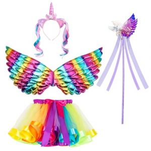 NebulaGlam 4pcs Déguisement de Licorne pour Fille, Jupe Tutu Licorne avec Ailes, Coiffe de Licorne, Baguette de Fée, pour fête d'anniversaire, Halloween, Carnaval, Licorne (Coloré) (JoeGoods, neuf)