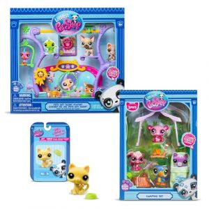Bandai - Littlest Pet Shop - Pack Exclusif 2 Coffrets : Camping & Pets Got Talent (5 Figurines et 9 Accessoires) + 1 Figurine Suppl&eacute;mentaire (Petit Chat Jaune) - Licence Officielle - Mini Figurines (Ponera, neuf)