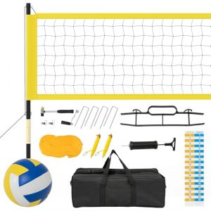 GOPLUS Filet de Volleyball Exterieur Piscine Réglable en Hauteur, Kit de Volley Complet avec Poteaux en Métal, Volleyball, Sac de Transport, Professionnel pour Plage, Parc, 9,75 m x 0,9 m (Jaune) (Augenstern24, neuf)