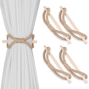 OCIOLI Lot de 4 embrasses de rideau, porte-rideau Boho, corde de chanvre et club en bois faits main, embrasse de rideau en corde de jute pour rideaux, d&eacute;coration de ferme, style Boho (corde de jute, 4 (GZMX-EU, neuf)