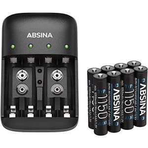 ABSINA Chargeur de Piles Rechargeables AA AAA & 9V + 8X AAA 1150 Pile - Chargeur de Pile NiMH avec 4 emplacements - Chargeur Piles Rechargeable pour AAA, AA & 9V - Chargeur Pile, Chargeurs de Piles (ABSINA GmbH, neuf)