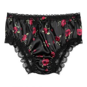 Satini Satin Dentelle froufroutante efféminé Shorty Slips Culottes sous-vêtements (Noir - Roses Rouges, XXL) (BlackButterfly Clothing, neuf)