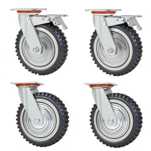 DBREAKS Lot de 4 roulettes de transport pour charges lourdes, 200 mm de diamètre, 2 roulettes pivotantes avec frein + 2 roulettes pivotantes, en caoutchouc plein à 360°, 2 000 kg (AMIGOB, neuf)