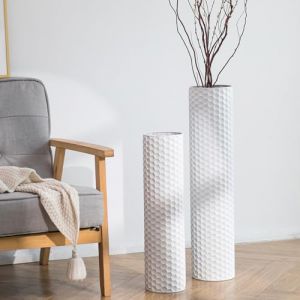 Sziqiqi Grand Vase a Poser au Sol: 70/55 cm Haut Blanc Vases de Sol Set of 2 Metal Vase Sol pour Salon Moderne Texture Nid d'abeille pour Pampas Gros Vase a Poser au Sol pour Coin de Chambre Cheminée (Loyal Puppy, neuf)
